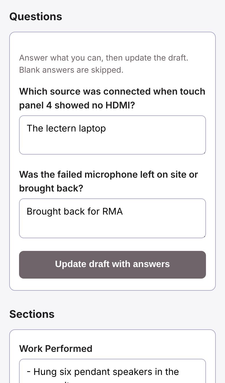 The report page asking the tech two questions about their notes, with answers filled in